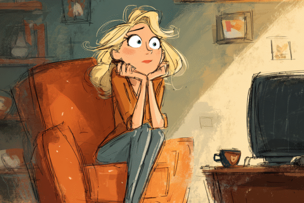 A woman looking stressed out watching tv.