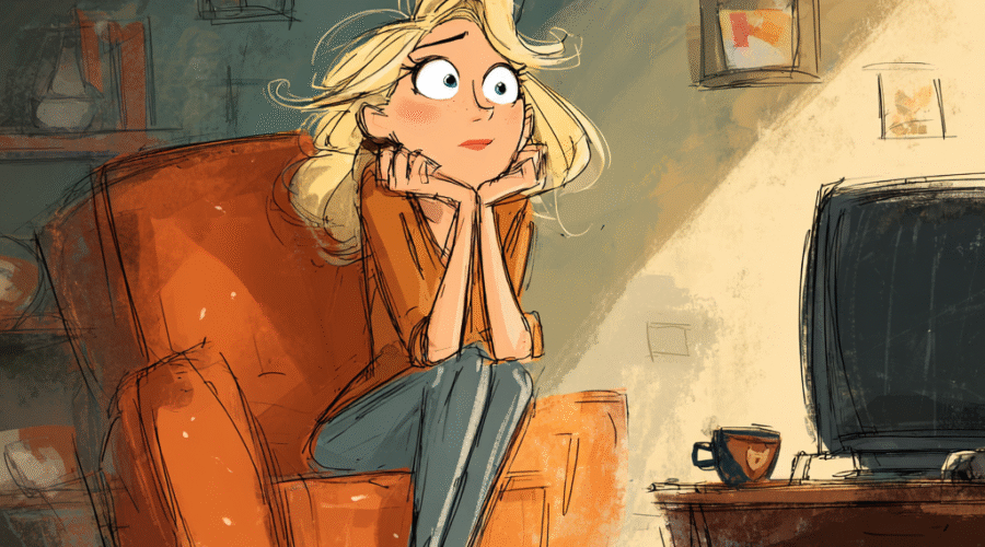 A woman looking stressed out watching tv.